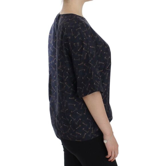 Dolce & Gabbana Dolce Gabbana Key Print Silk Blouse Women Blue Tops & T-Shirts - Picture 4 of 6